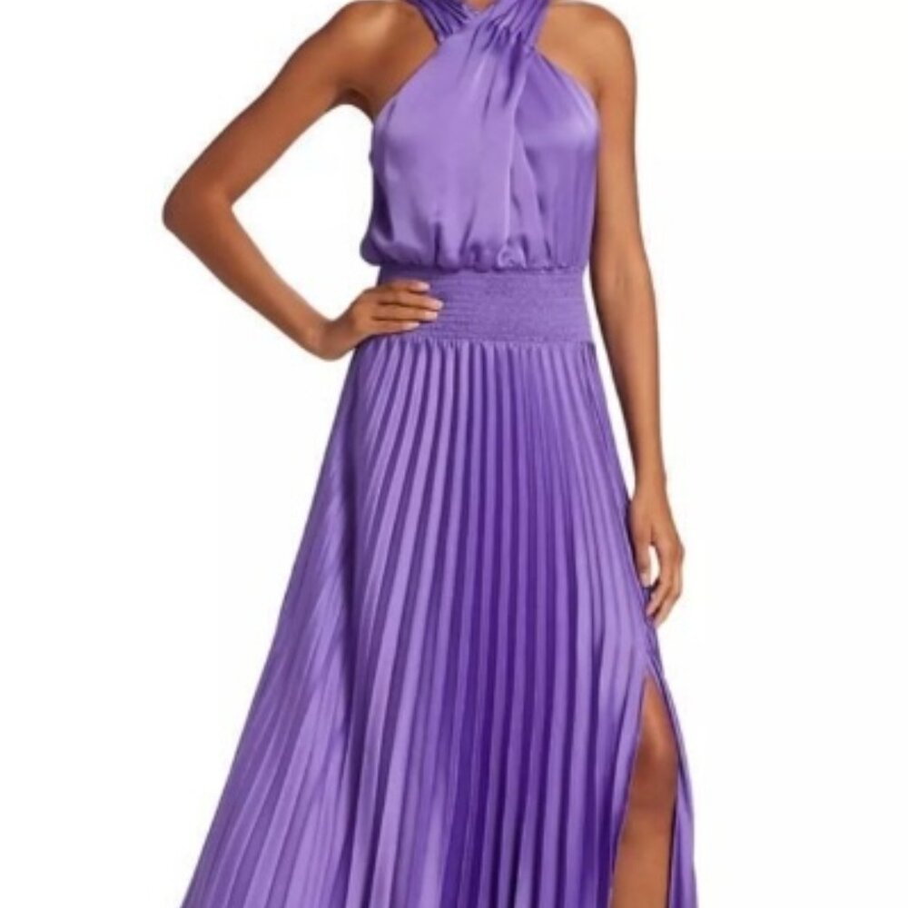 NWT Purple Ramy Brook Arina Halter Neck Pleated Maxi Dress size 8